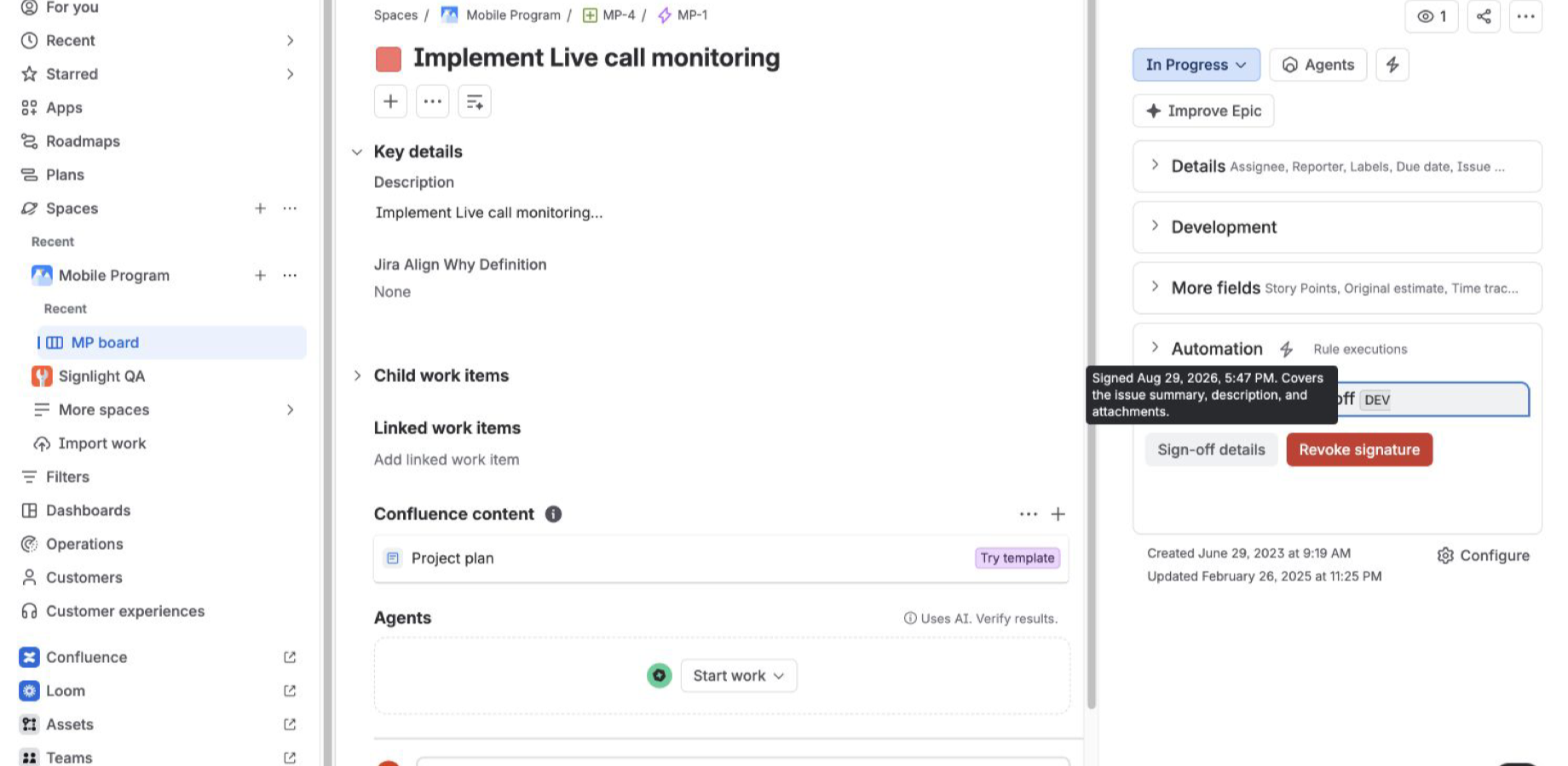 Signlight sign-off details opened in a Jira issue